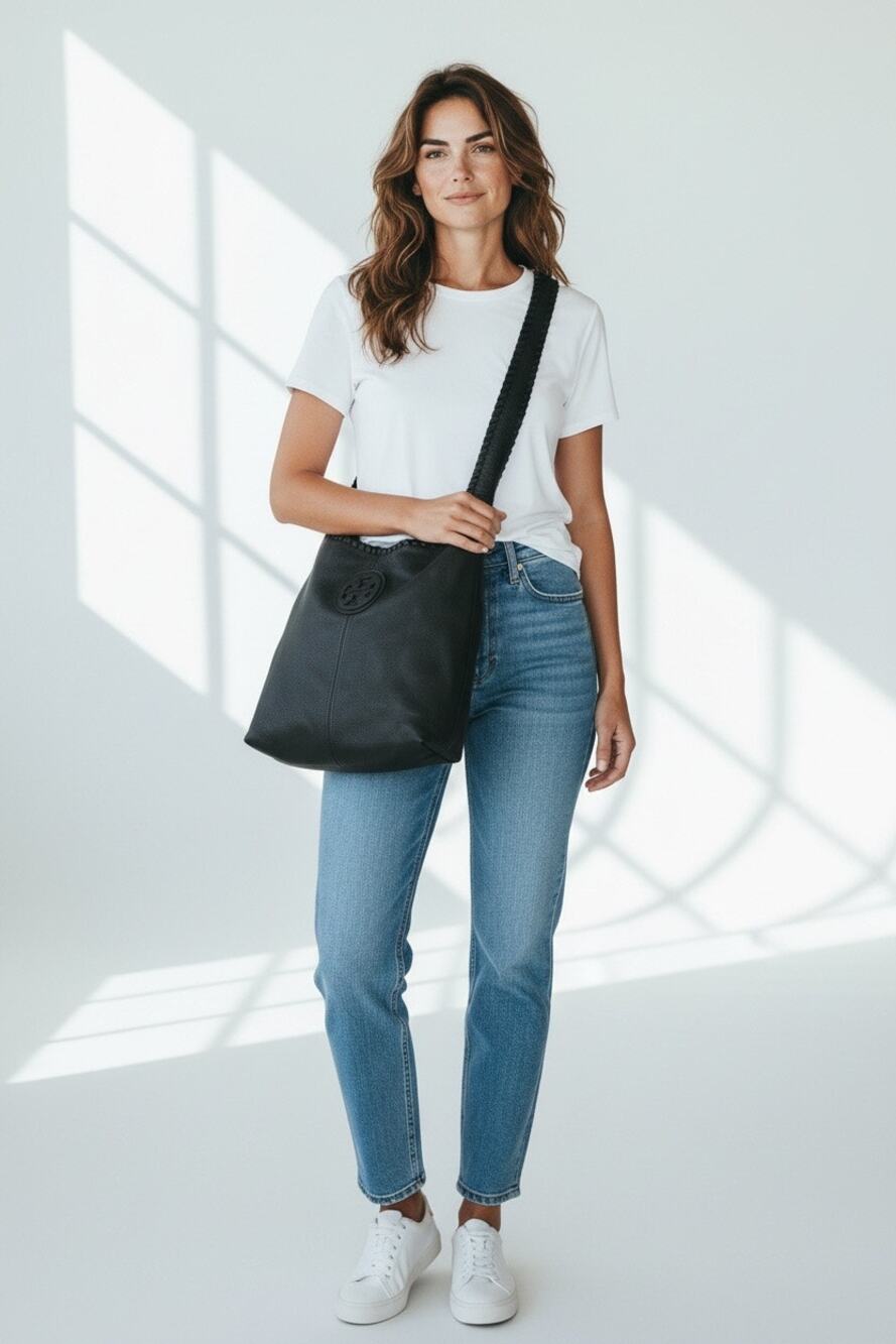 Tory Burch Black Pebbled Leather Whipstitch Hobo Shoulder Bag Gold Hardware